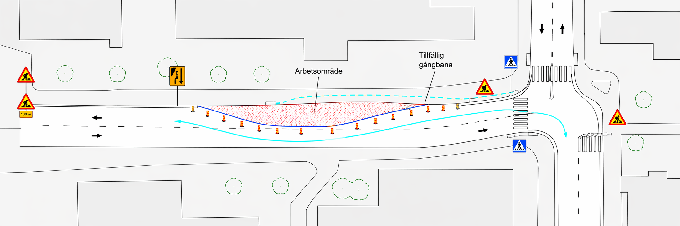 TA-planutkast som visar körfältsreduktion och tillfällig gångpassage